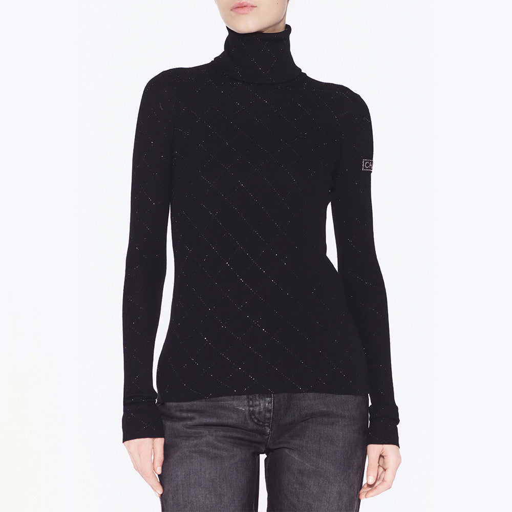Chanel Turtleneck Pullove Sequined Wool Black Gold Silve #333816