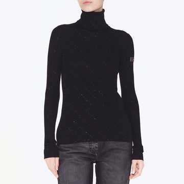 Chanel Turtleneck Pullove Sequined Wool Black Gold Silve #333816
