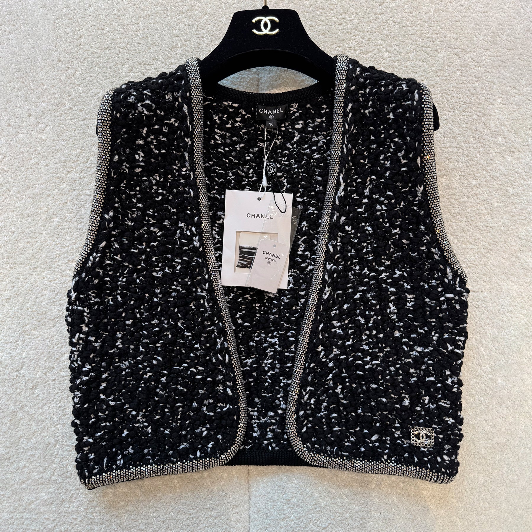 Chanel Women's Spring/Fall Knit Rhinestone-Embellished Solid-Color Cotton Sleeveless Cardigan Vest Ngvp #2396