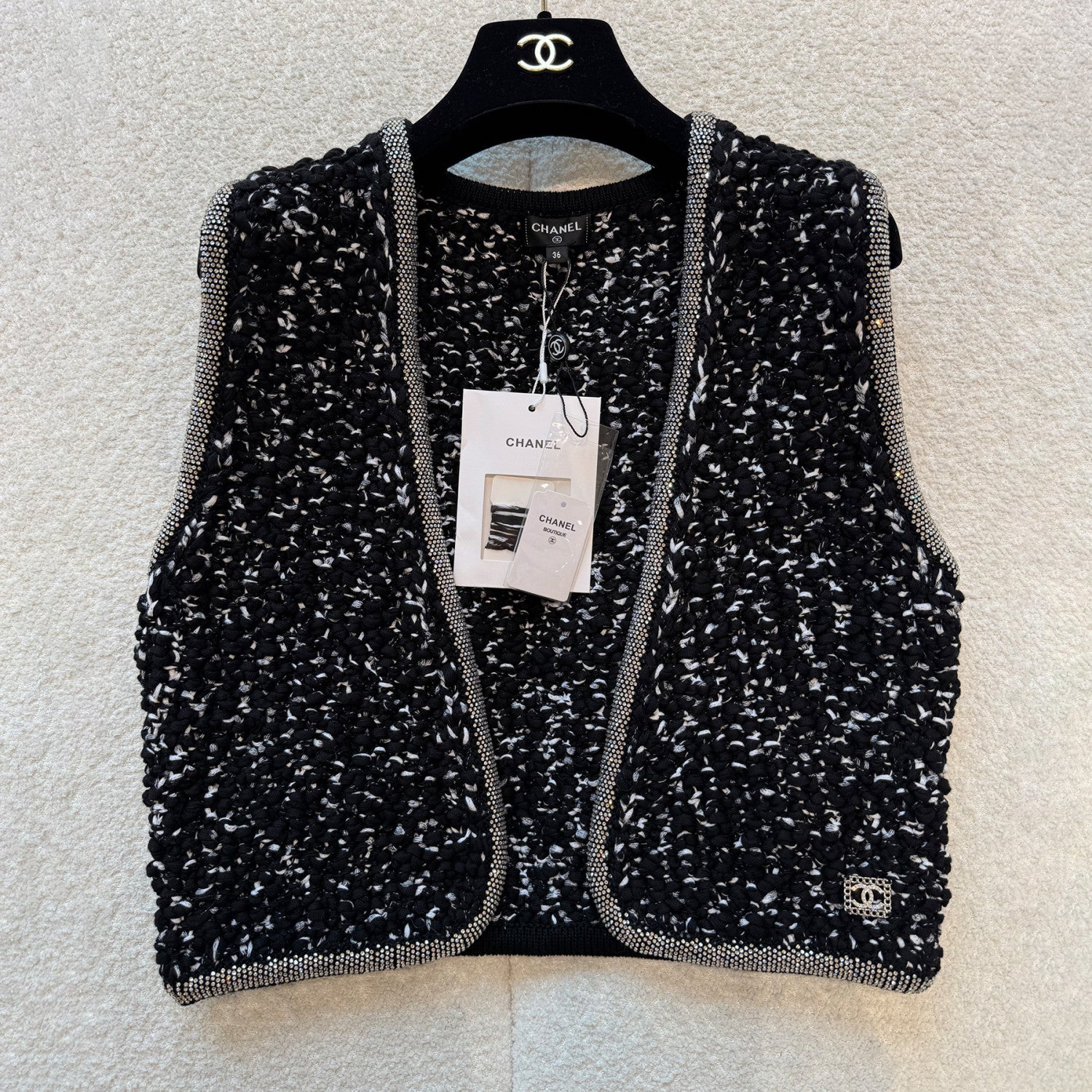 Chanel Women's Spring/Fall Knit Rhinestone-Embellished Solid-Color Cotton Sleeveless Cardigan Vest Ngvp #2396