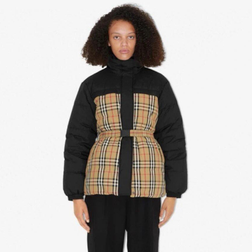 Burberry Women's Winter Fashion Casual Color Blocked High Neck Zipper Reversible Checkered Waist-Defining Down Jacket #78983
