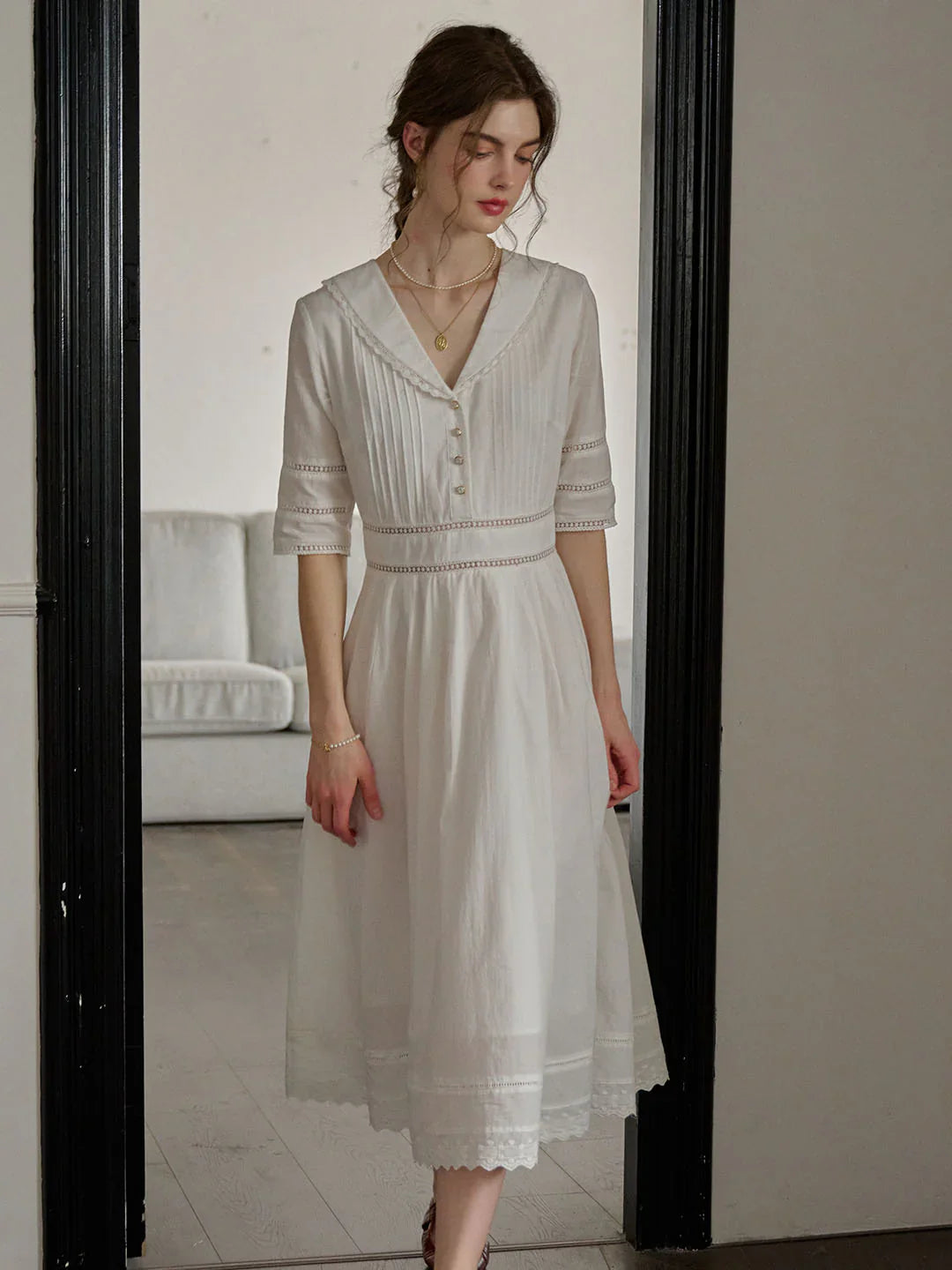 Fiona 100% Cotton White Midi Dress