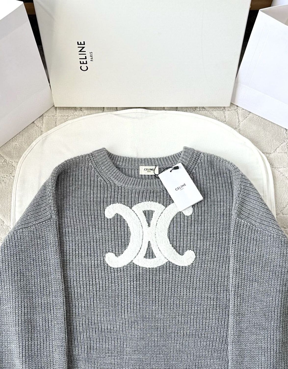 Celine Women's Spring/autumn Fashion Casual Solid Color Loose Logo Knitted Sweater With Round Neck Pullover Sweater #78331