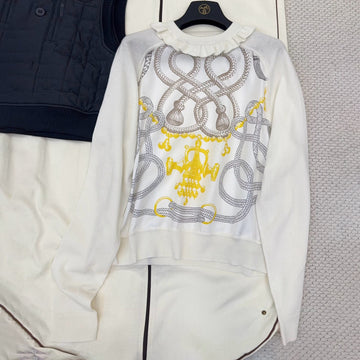 Hermes Women's Spring/Fall High-Street Printed Silk Patchwork Crew Neck Long Sleeve Solid Color Oversized Knit Sweater Ngvp #2546