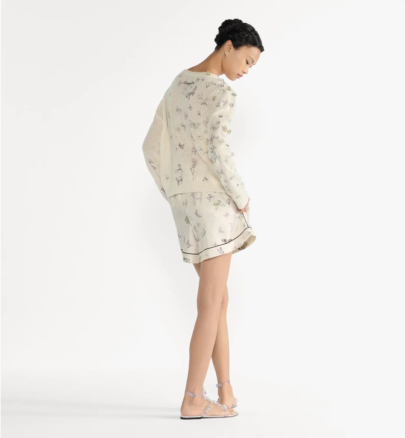 DIOR Embroidered Sweater White Alpaca Cashmere and Silk Knit with Multicolor Butterflies Iris Motif #335853