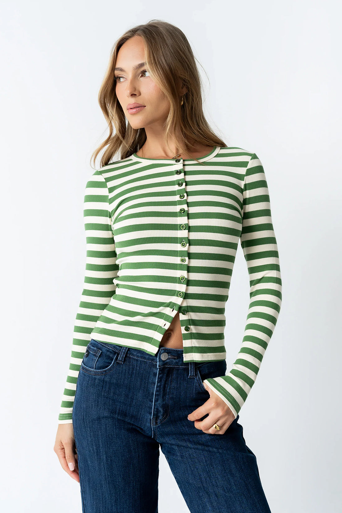 Mia Button Up Top in Striped Green