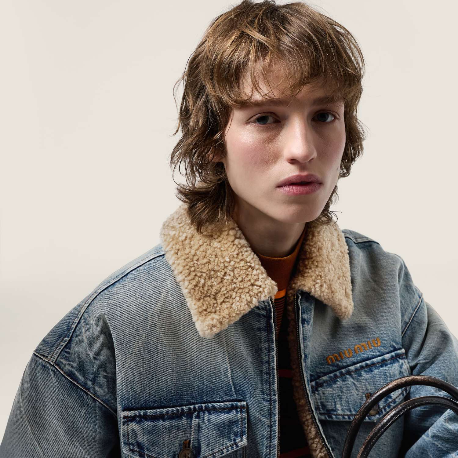MiuMiu Denim and Wool Trucker Jacket Washed Embroidery Light Blue #332979