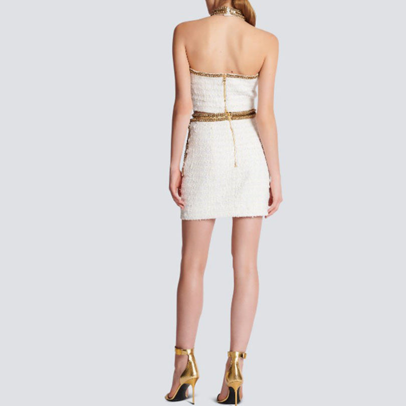 Balmain Women's Summer Color Block Beaded And Rhinestone-Embellished Short Halter Tank Top Casual High-Street Sequined High-Waisted Tweed Skirt Ngvp #2262