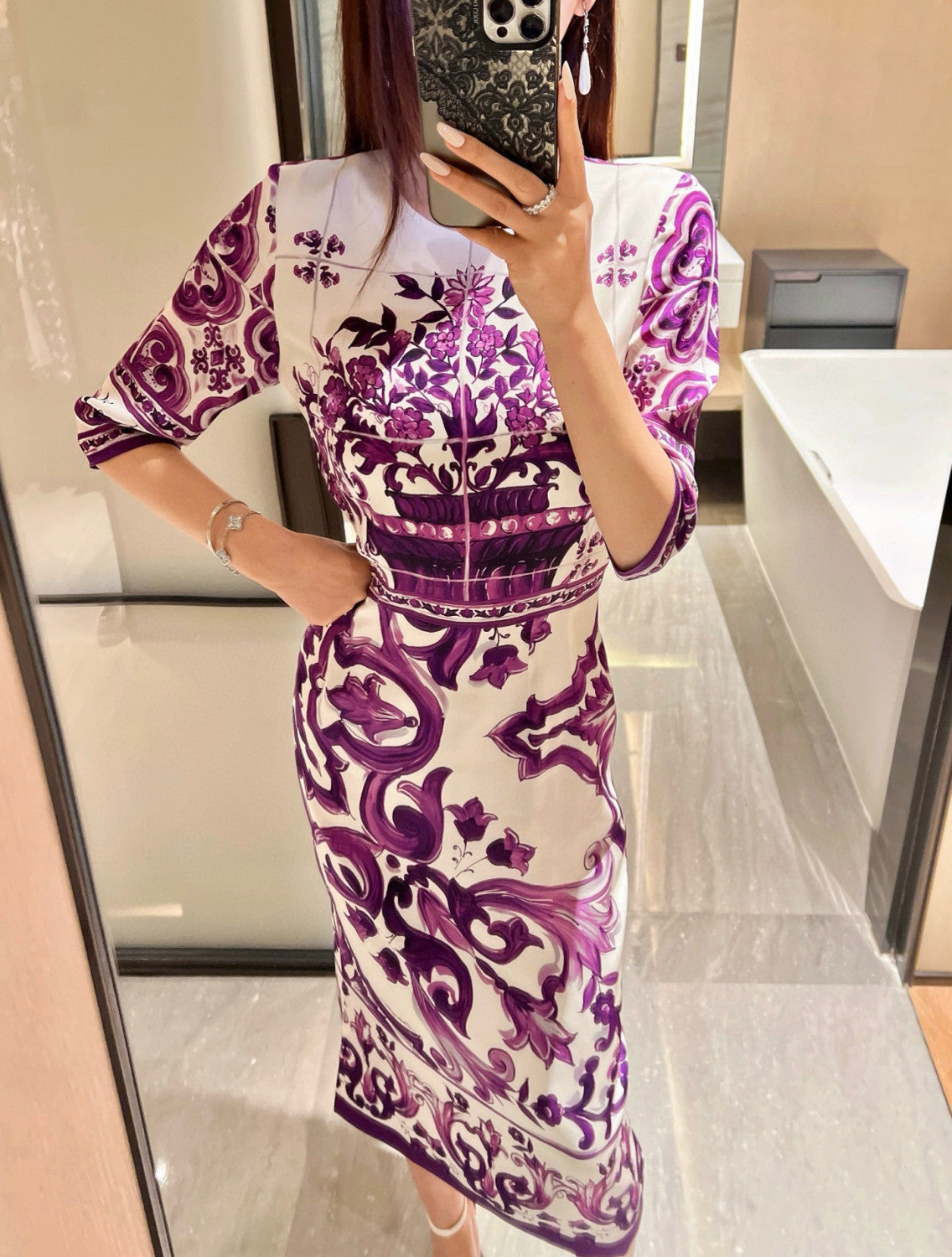 Dolce&Gabbana Majolica Printed Vegan Crepe Satin Dress Women's Spring Summer Purple Fashion Elegant Evening Dresses Ngvp #2428