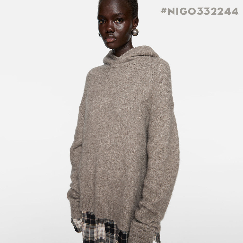 Acne Studios FW25 Women's Layered Wool Hoodie Beige Plaid Patchwork Sweater #332244
