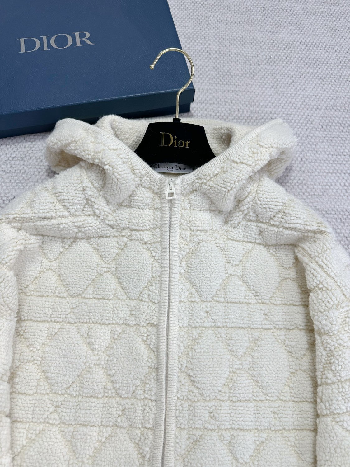 DiorZip Hooded Cardigan White Sheep Wool Blend Textured Knit Cannage #332748