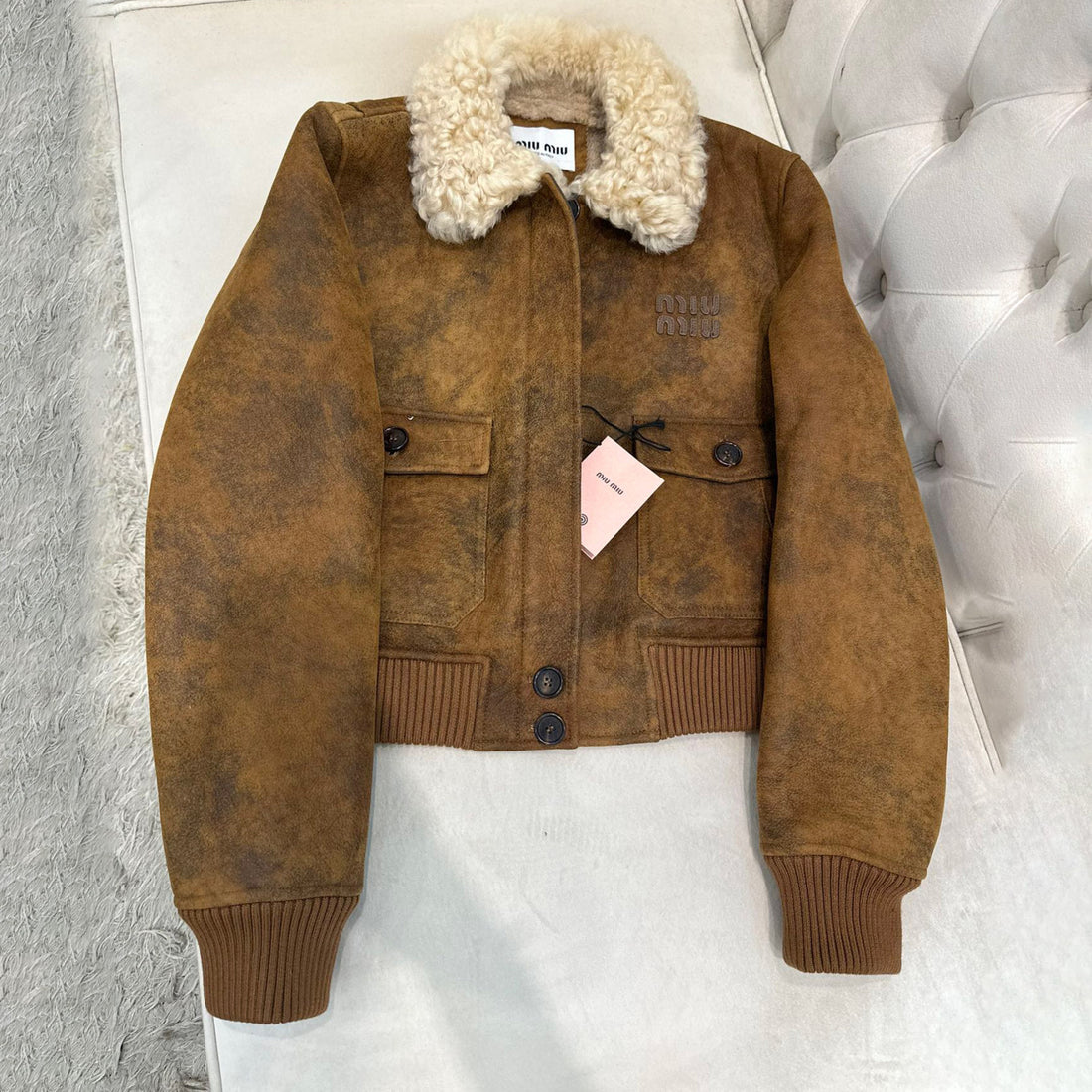 MiuMiu Women's Winter Fashion Casual Solid Color Lapel Single Breasted Deerskin Suede Brushed Long-Sleeve Cotton Coat Jacket #78619