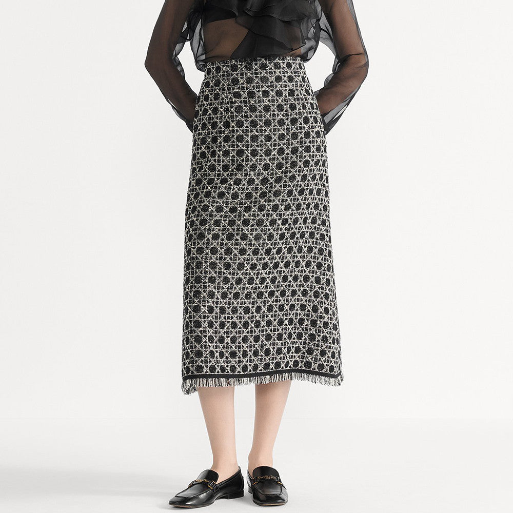 DIOR Macrocannage Regular Fit Jacket Mid-Length Macrocannage Flared Skirt  Black White Cotton-Blend Tweed Knit  #334340