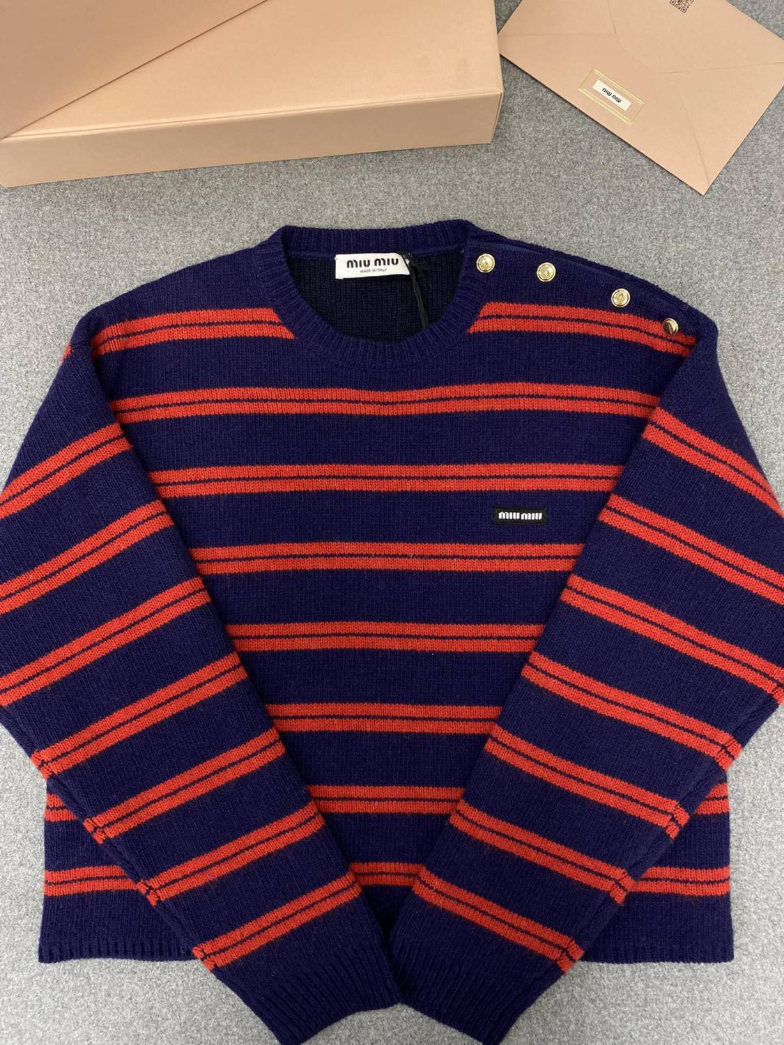 MiuMiu Women's Fall/Winter Fashion Casual Crew Neck Striped Contrast Color Cashmere Knit Sweater #79389