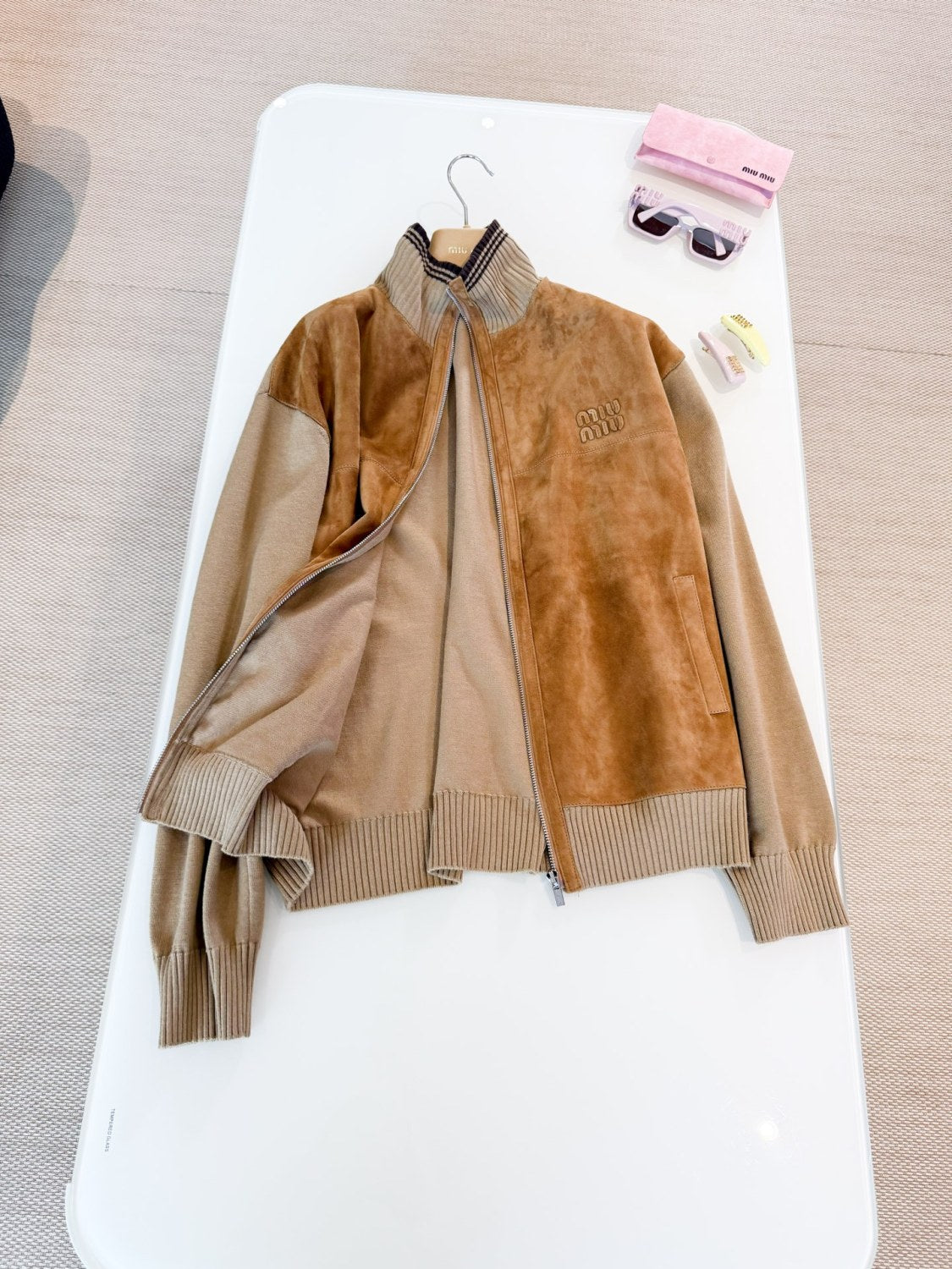 MiuMiu Men's And Women's Fall/winter Fashion Casual Color Block Collared Zipper Suede Badge Knit Jacket #79195