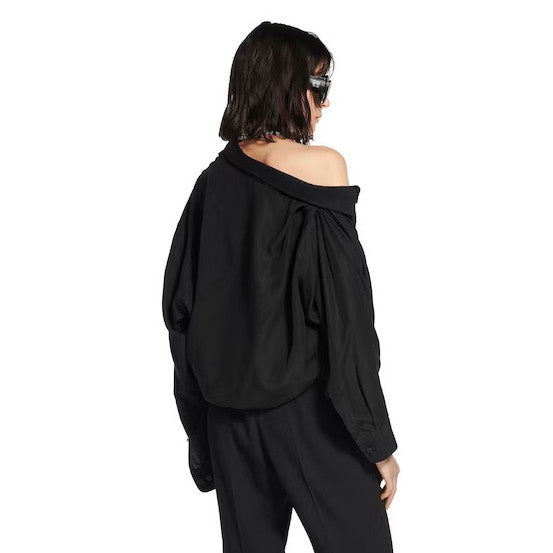 Balenciaga Women's Spring/Fall Fashion Casual Solid Color Lapel Front Button Long Sleeve One Shoulder Shirt #78818