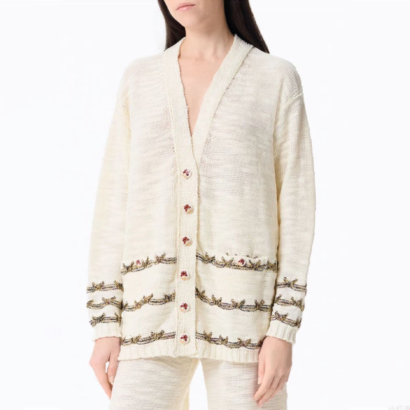 Chanel Women's Spring/Fall Vintage V-Neck Single-Breasted Gold-Thread Knit Wool-Blend Cardigan Ngvp #2562