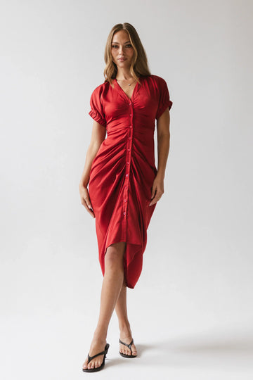 Opie Satin Midi Dress in Red-Orange