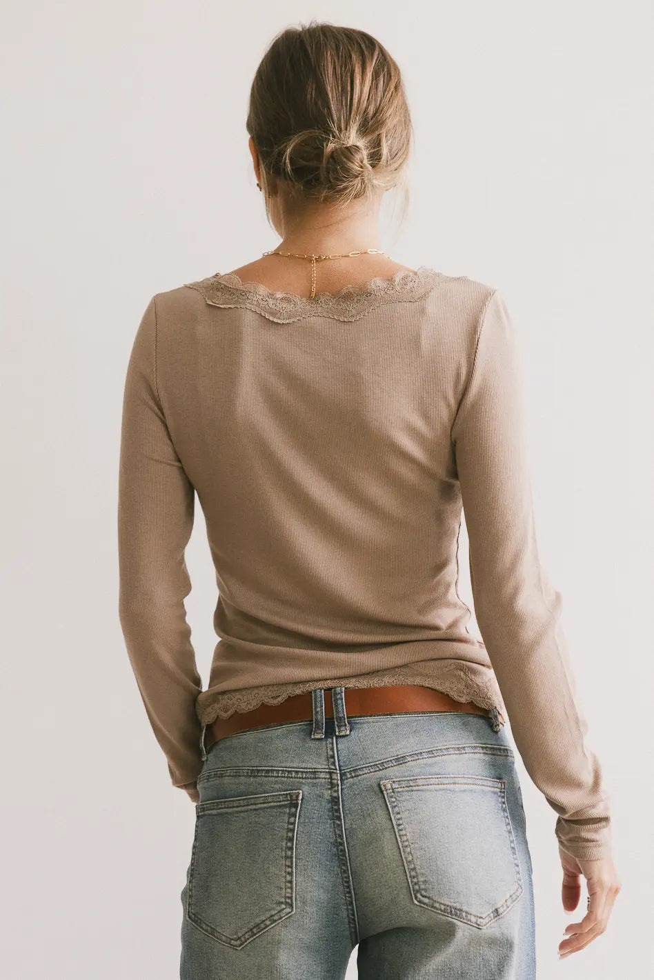 Logan Lace Trim Top in Taupe
