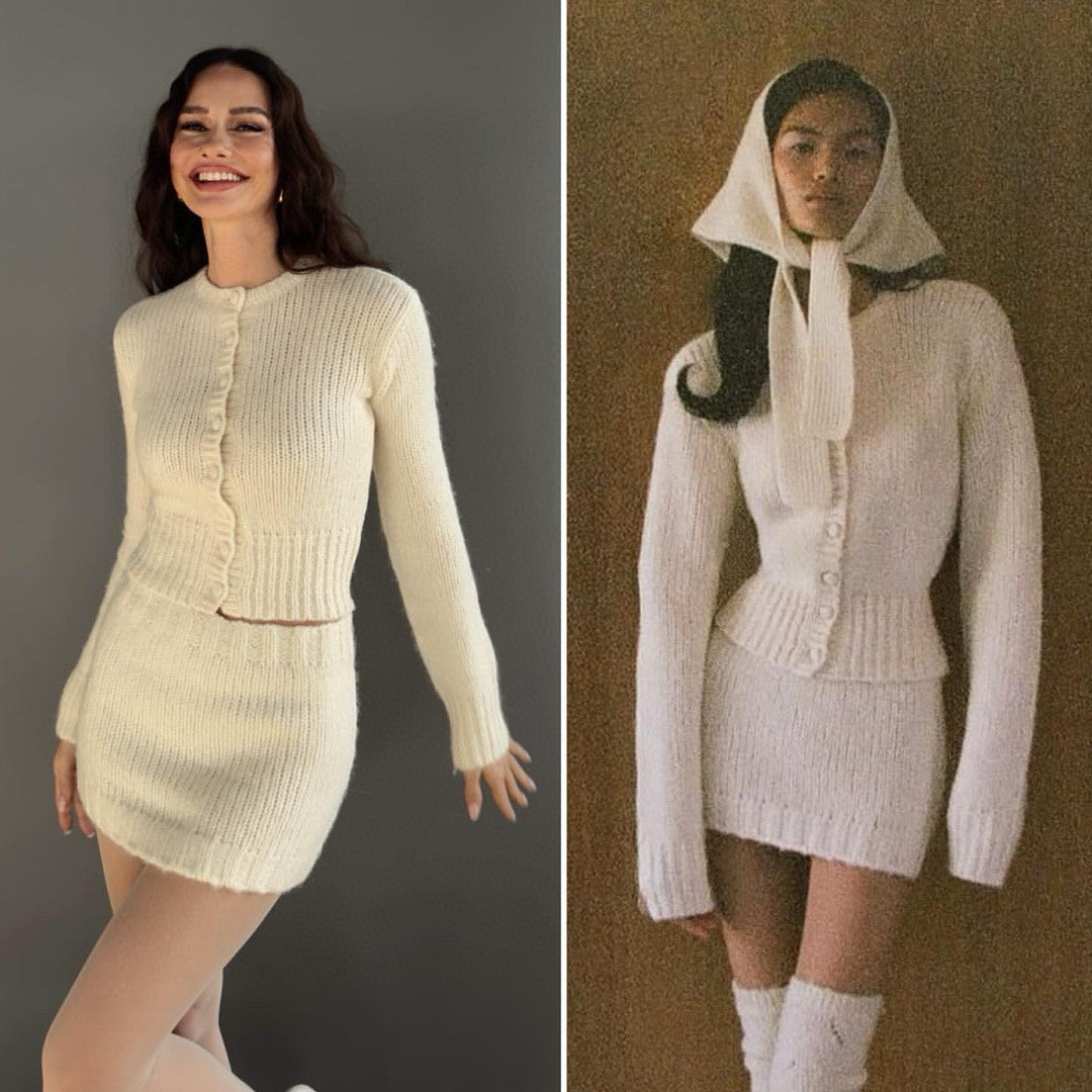 Helsa Women's Autumn And Winter Fashion Exquisite Suit Waisted Short Top Cardigan Hip Slim Daily Knit Skirt Black White Temperament Set Ngvp #2475
