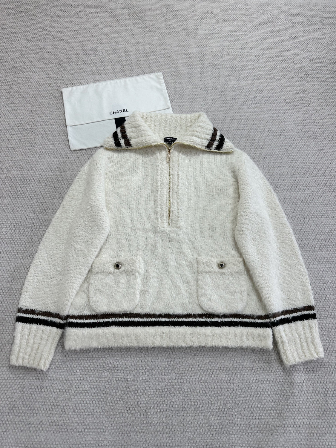 Chanel Sweater Cashmere Alpaca White Brown #376477
