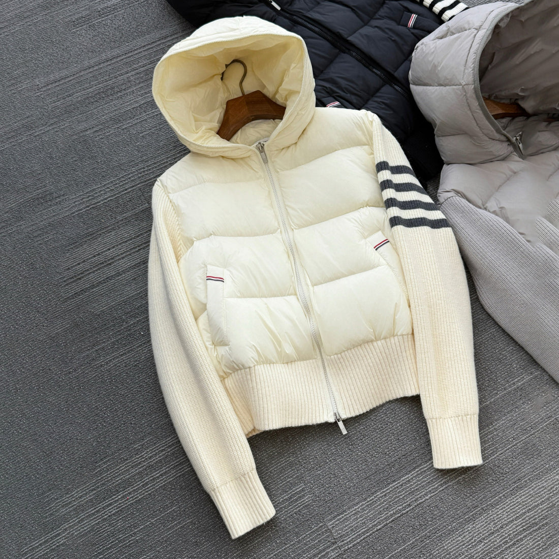 Thom Browne Women's Winter Fashion Casual Hooded Zipper Long-Sleeve Knit Patchwork Down Jacket #78596