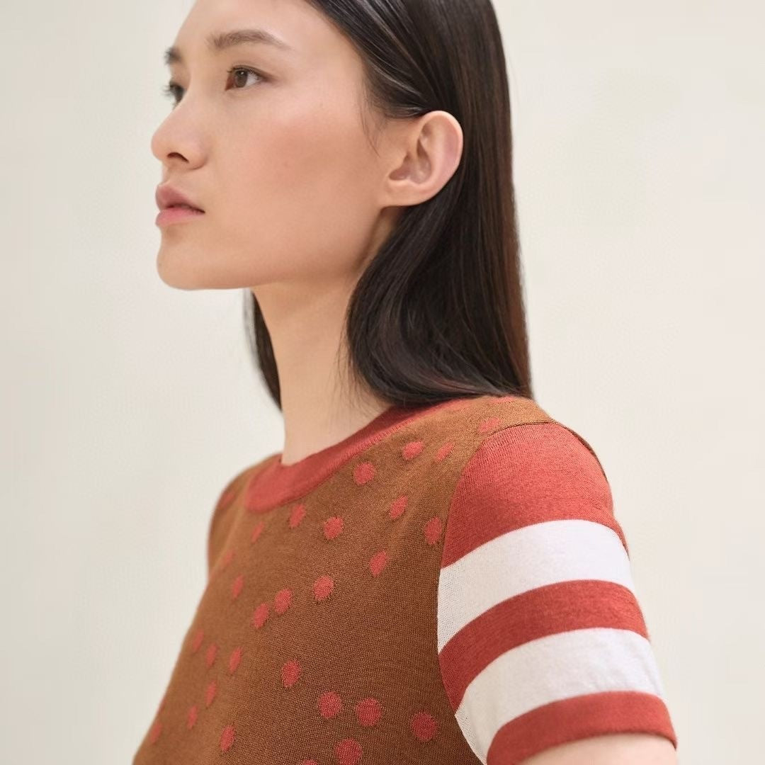 Hermes Women's Spring And Summer Cashmere Knitted T-shirt Round Neck Short-sleeved Color Collision Striped Polka Dot Short Knitted Sweater Bottoming Sweater Ngvp #2473