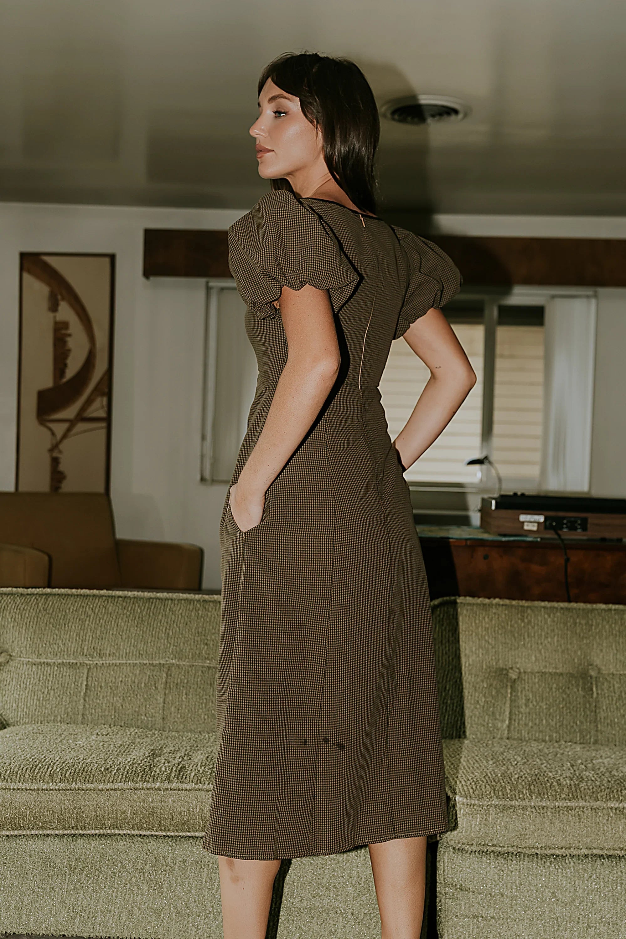 Elle Gingham Midi Dress in Brown