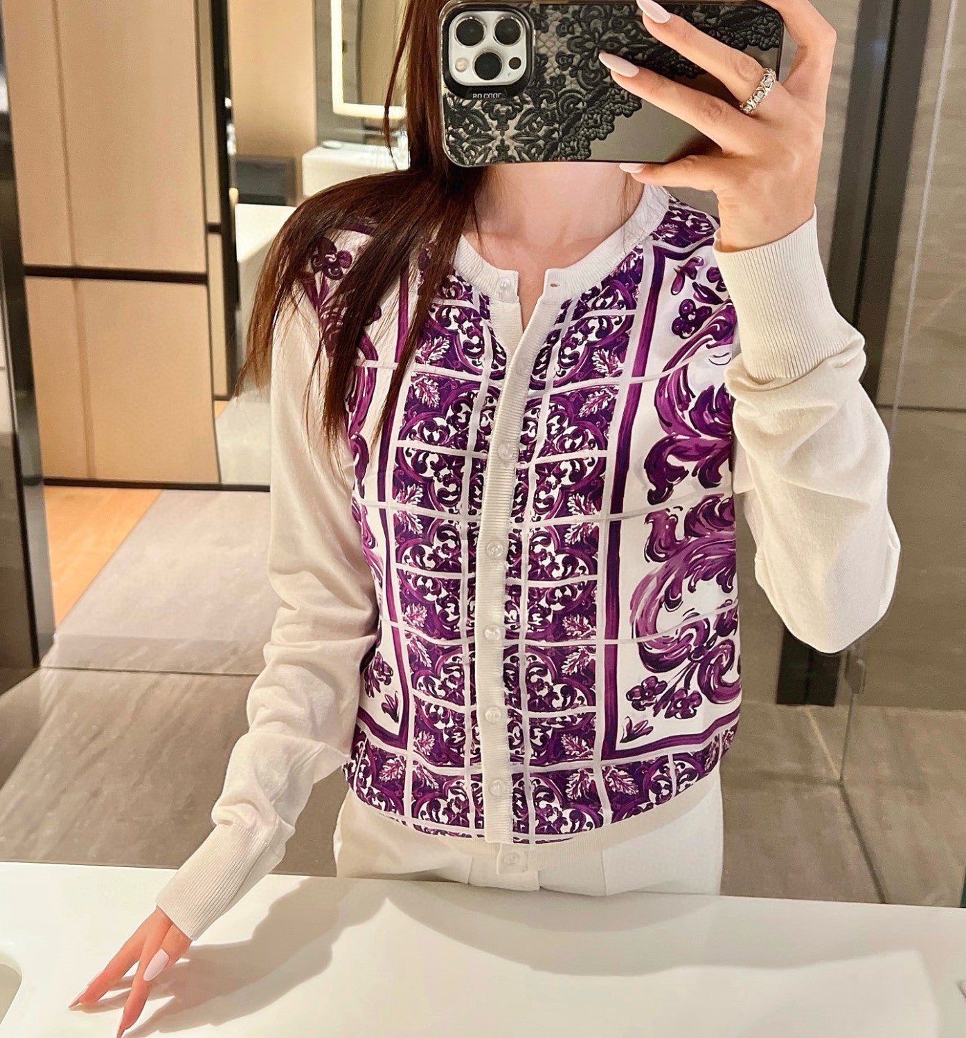 Dolce&Gabbana Majolica Printed Silk knitted Cardigan Women's Spring Summer Purple Fashion Elegant Single Breasted Sweater Ngvp #2427