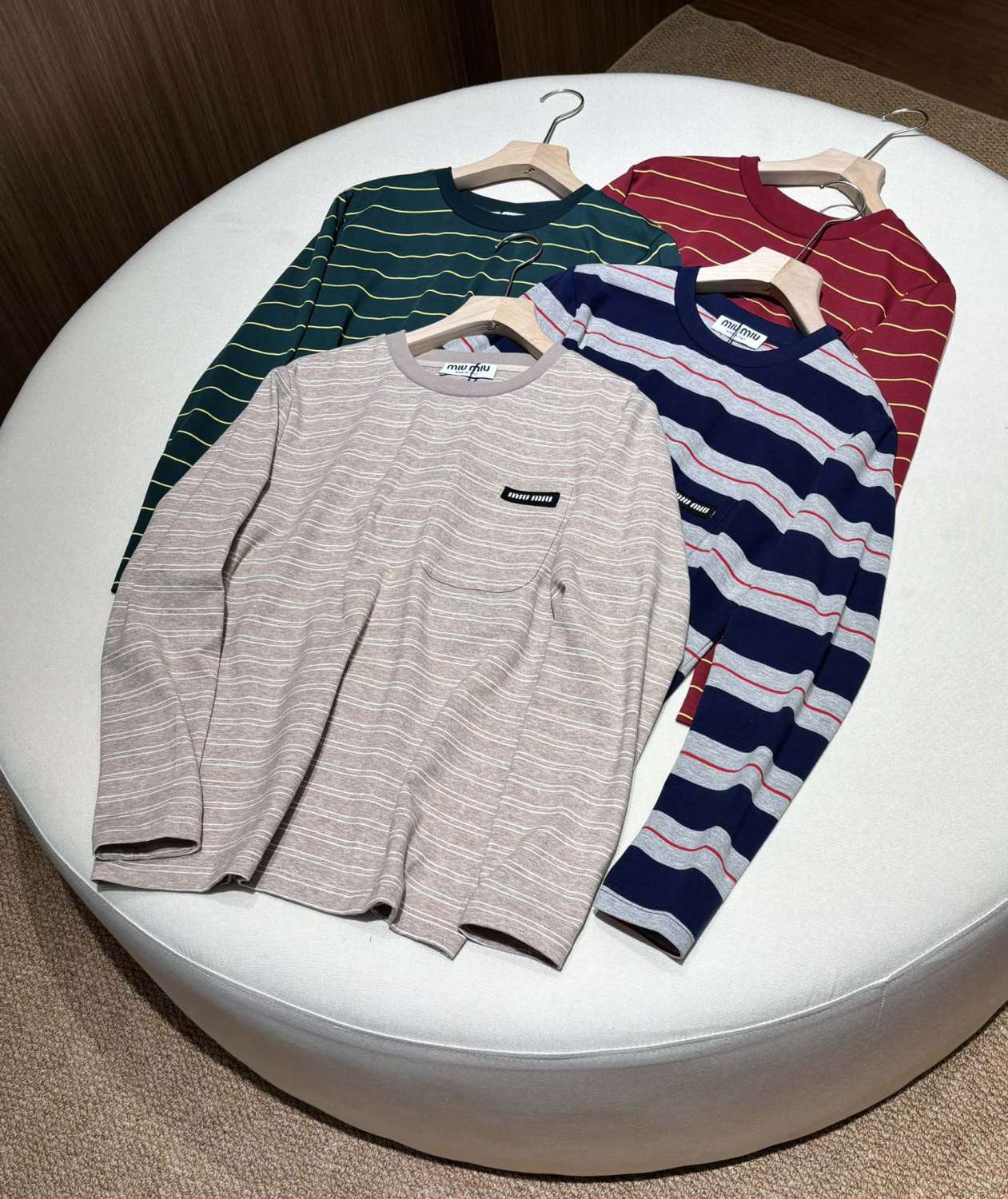 MiuMiu Women's Spring/Autumn Fashion Casual Cotton Plain Weave Knitted Striped Drop Shoulder Sleeve Round Neck Long Sleeve T-Shirt Top #78299