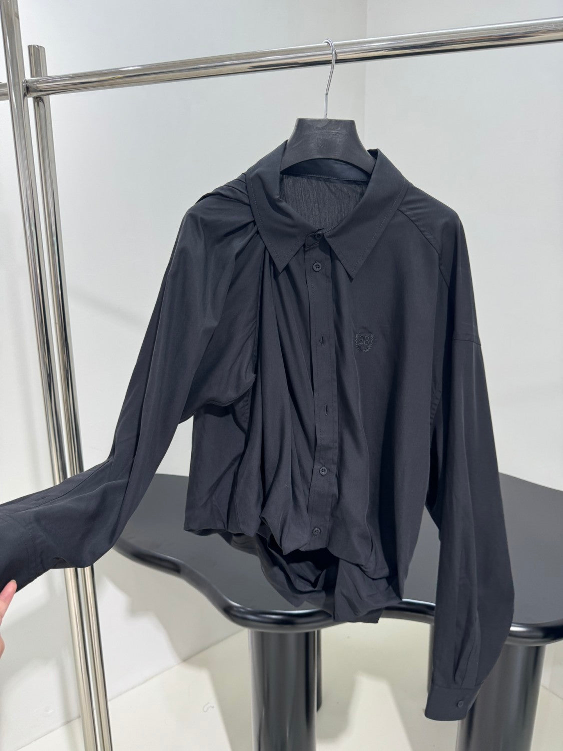 Balenciaga Women's Spring/Fall Fashion Casual Solid Color Lapel Front Button Long Sleeve One Shoulder Shirt #78818