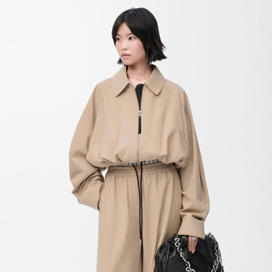 Loewe Women's Spring/fall Fashion Casual Solid Color Lapel Zipper Short Sleeve Drawstring Jacket With Elastic Waistband Paired With Relaxed Fit Cropped Wide Leg Pants Suit Set #78665