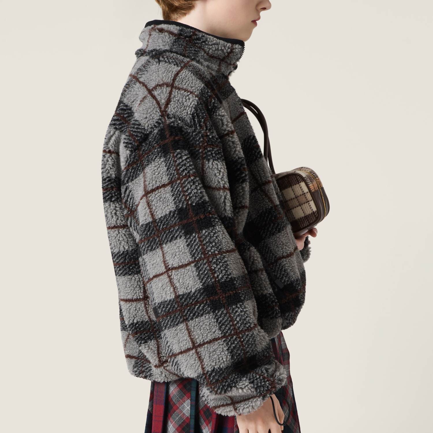 MiuMiu Gray black Checked Teddy Zipper Jacket #335443