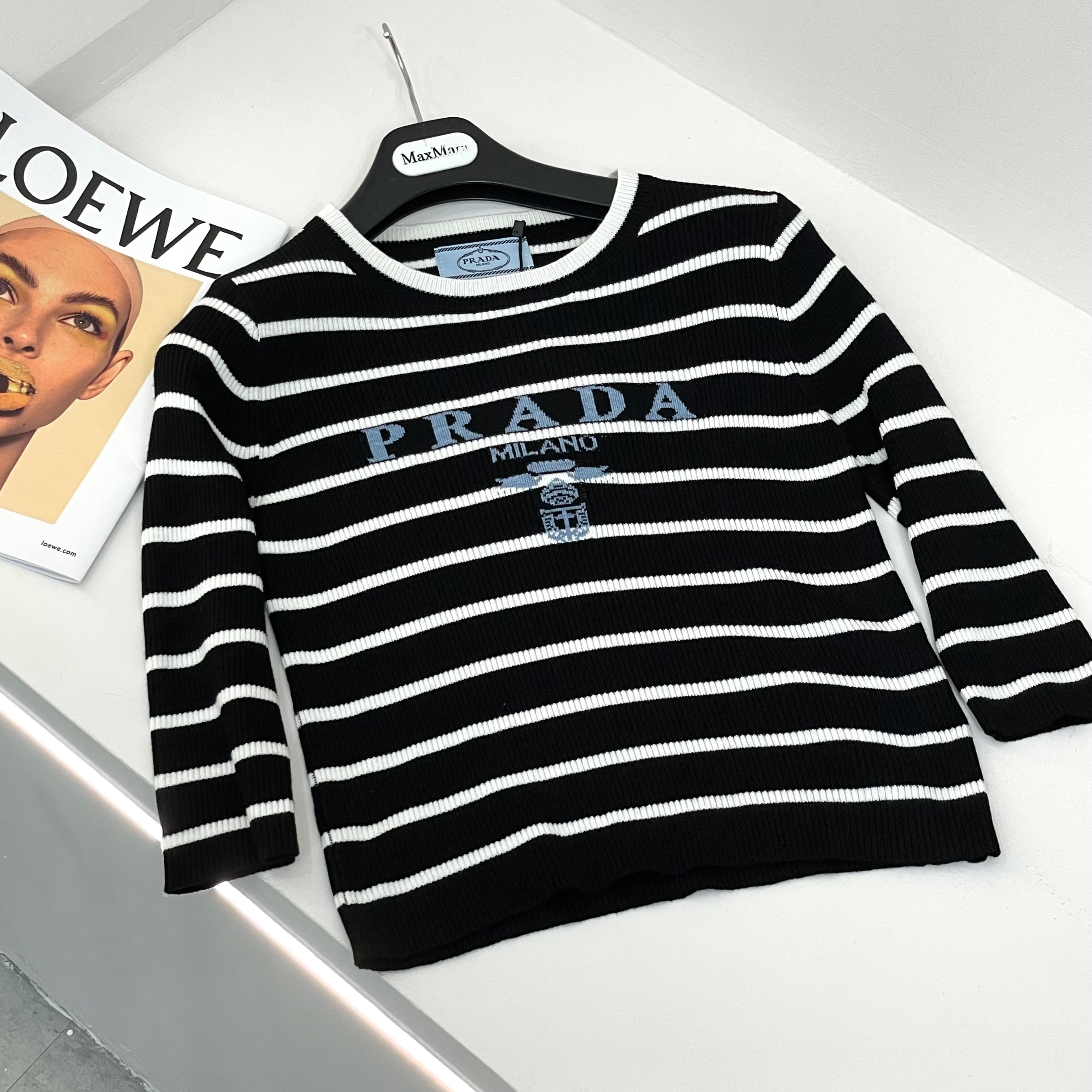 Prada Women's Autumn/Winter Fashion Casual Striped Color-Block Logo Letter Round Neck Wool Knit Sweater #78375