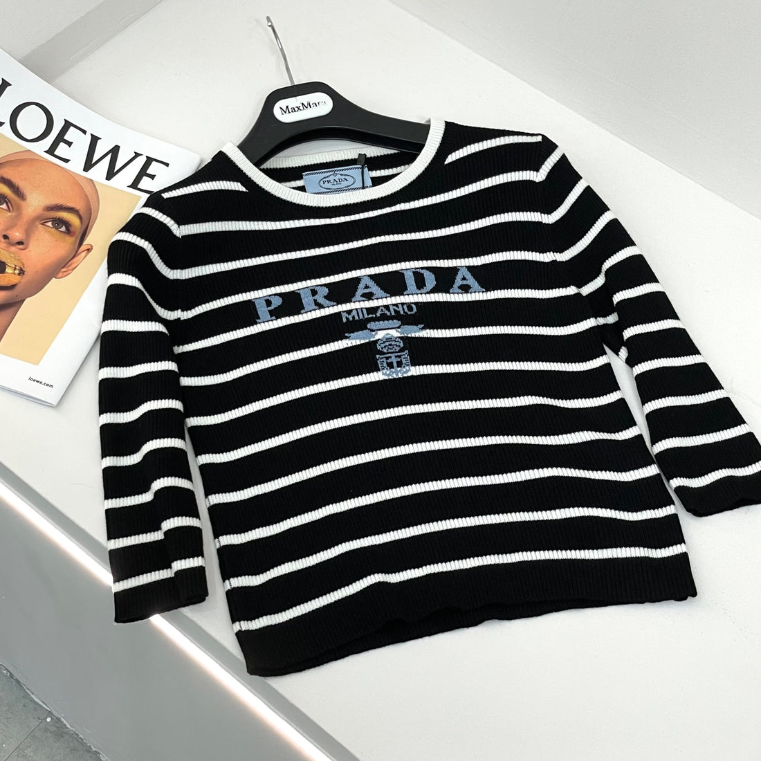 Prada Women's Autumn/Winter Fashion Casual Striped Color-Block Logo Letter Round Neck Wool Knit Sweater #78375