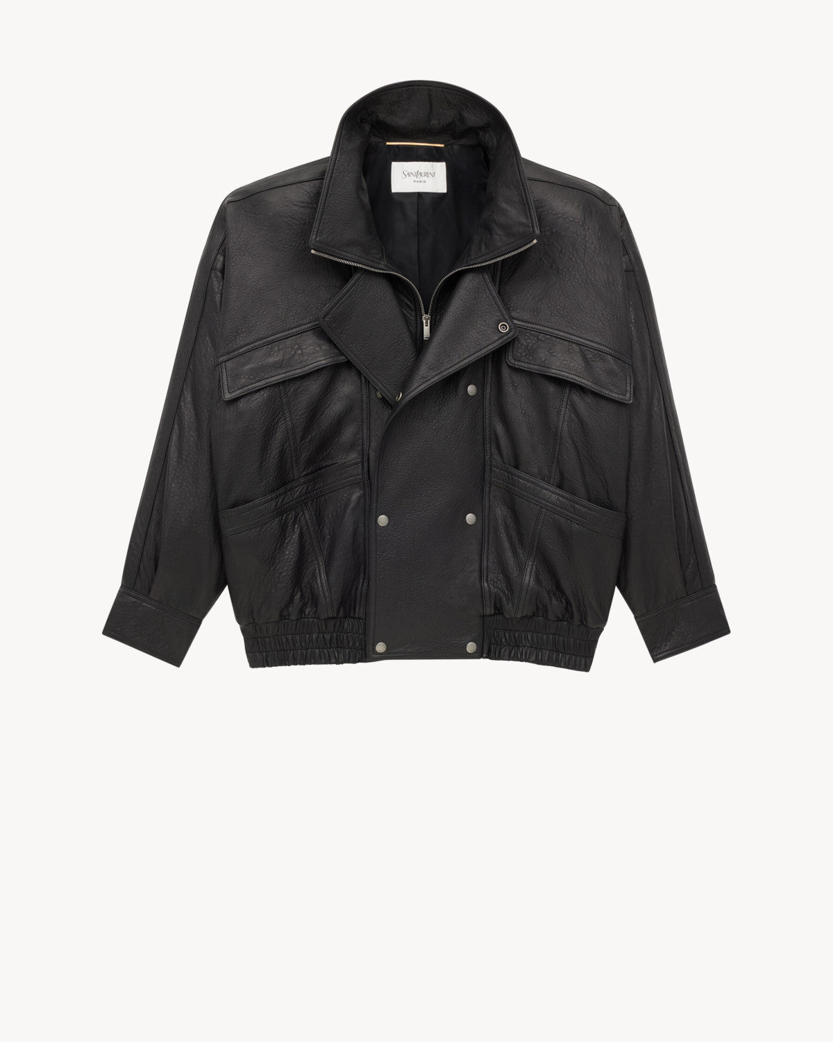 Saint Laurent Women's Bubbled Lambskin Bomber Jacket Spring/Fall Stand Collar Zipper Pilot Jacket Solid Color Motorcycle Leather Jacket Ngvp #2714