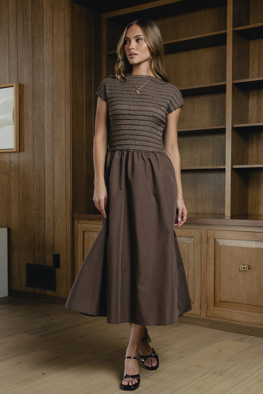 Lorie Mixed Media Maxi Dress in Brown