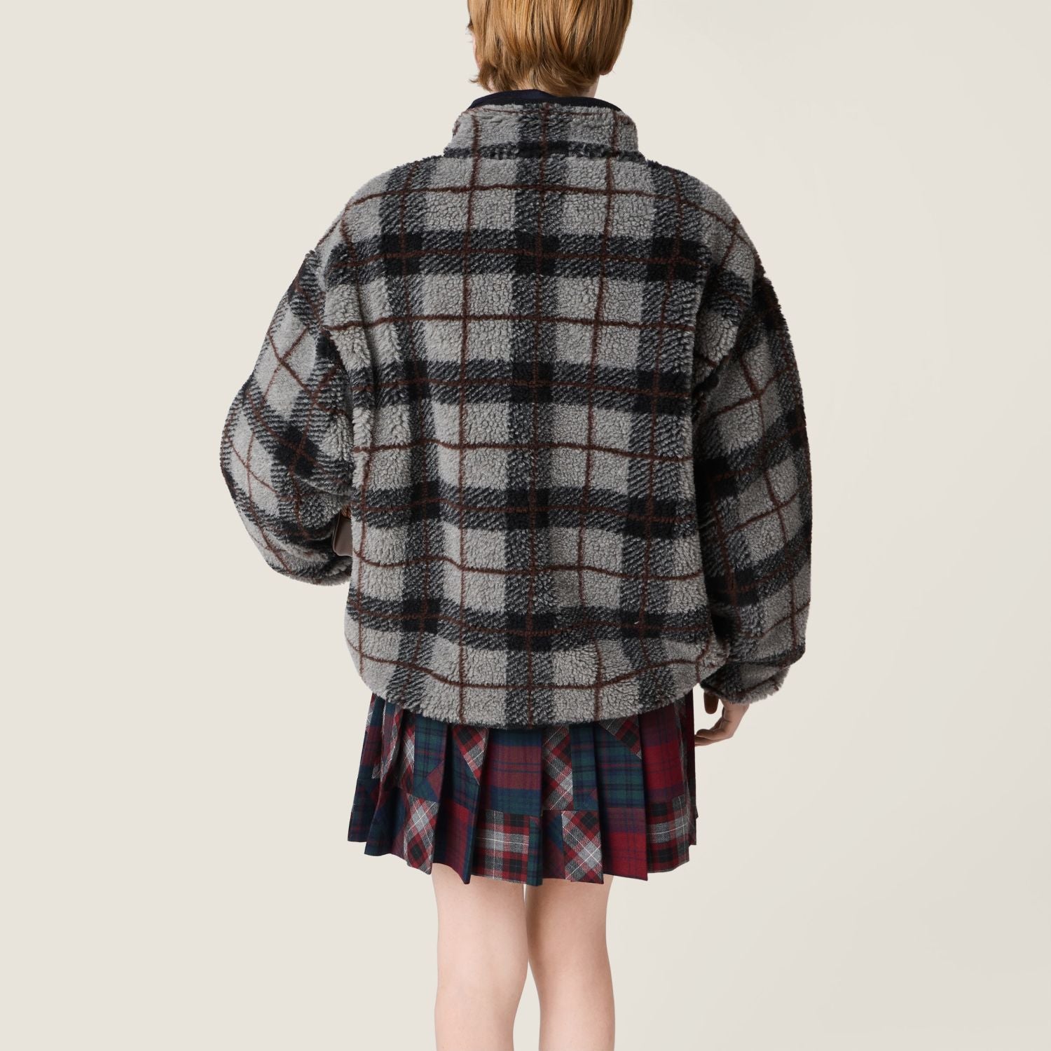 MiuMiu Gray black Checked Teddy Zipper Jacket #335443