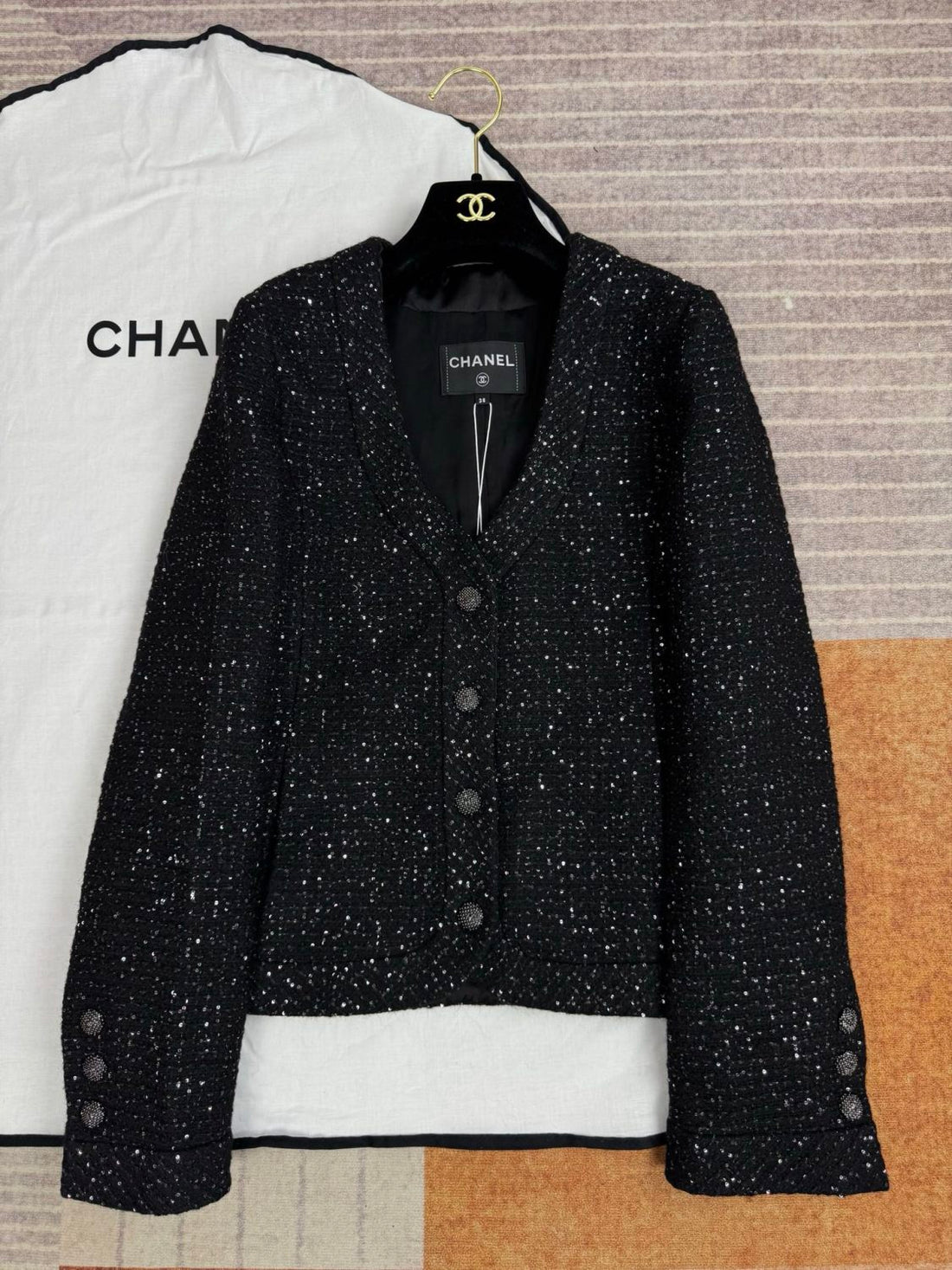 Chanel 25B Black Sequined Tweed Jacket #333126