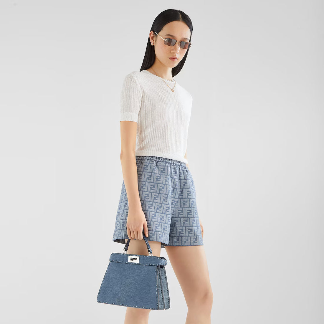 Fendi Women's Summer Blue FF Jacquard Chambray Short-Sleeve Collared Denim Jacket With Casual Elastic Waist Shorts #81543