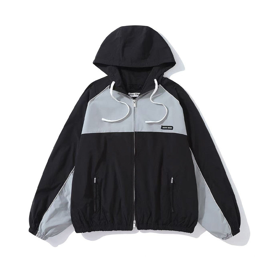 MiuMiu Women's Spring/Summer Striped Color-Block Logo Zipper Hooded Oversized Short Jacket #81594