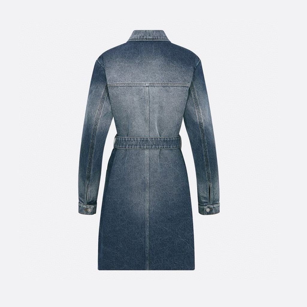 Dior Women's Spring/Fall Fashion Casual Midi Length Single Breasted Collar Print Belted Long-Sleeve Denim Skirt Dress #78947