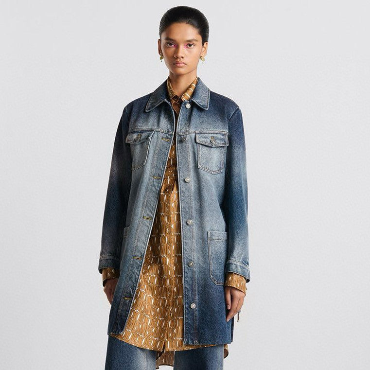 Dior Women's Spring/Fall Fashion Casual Midi Length Single Breasted Collar Print Belted Long-Sleeve Denim Skirt Dress #78947