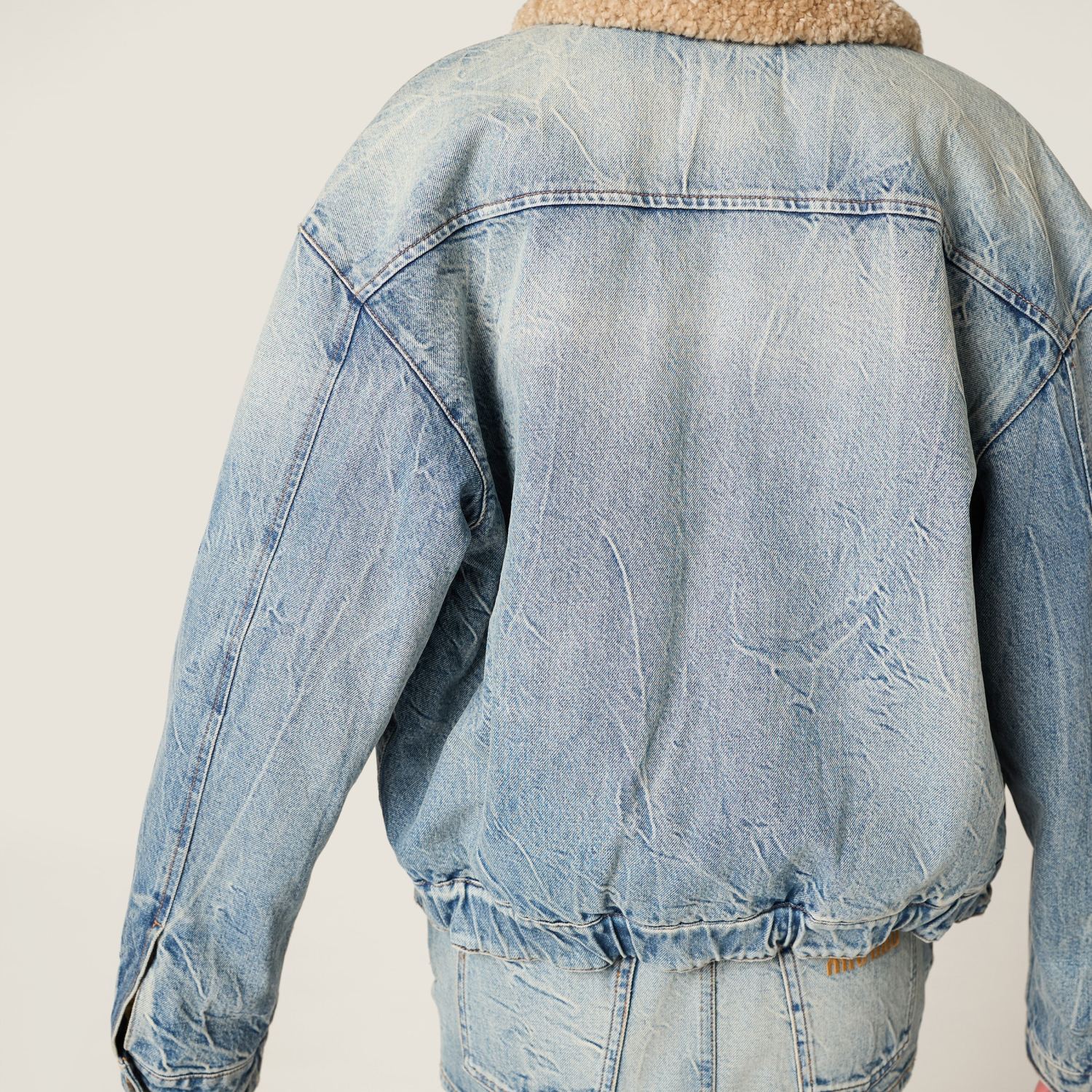 MiuMiu Denim and Wool Trucker Jacket Washed Embroidery Light Blue #332979