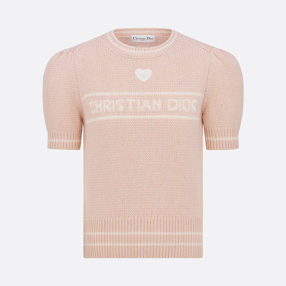 DIOR Short-Sleeved Sweater Ecru and Gold-Tone Virgin Wool-Cashmere Blend Knit #335676