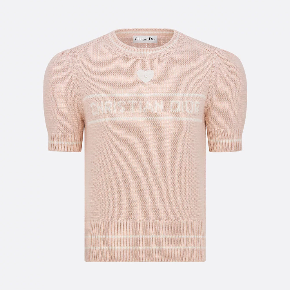 DIOR Short-Sleeved Sweater Ecru and Gold-Tone Virgin Wool-Cashmere Blend Knit #335676