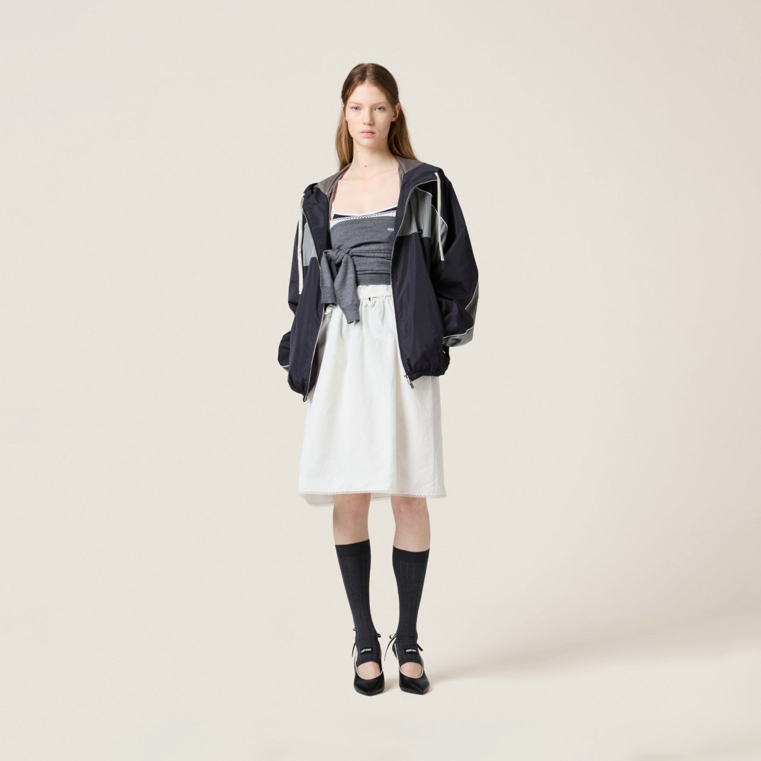 MiuMiu Women's Spring/Summer Striped Color-Block Logo Zipper Hooded Oversized Short Jacket #81594