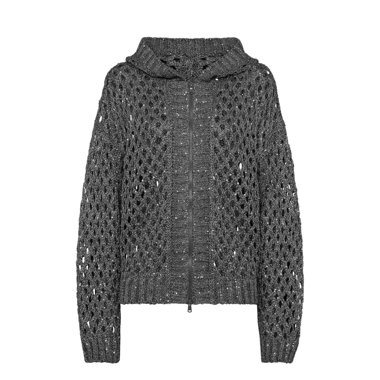 Brunello Cucinelli Women's Spring/Fall Vintage Sequined Lace-Up Oversized Zipper Knit Hooded Cardigan Ngvp #2311
