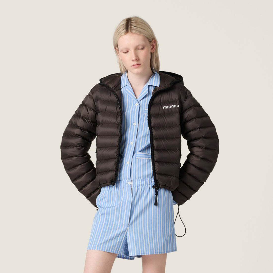 MiuMiu Women's Lightweight Pong¨¦ Down Hooded Jacket Solid Color Zipper Logo Embroidered Long Sleeve Outerwear #81545