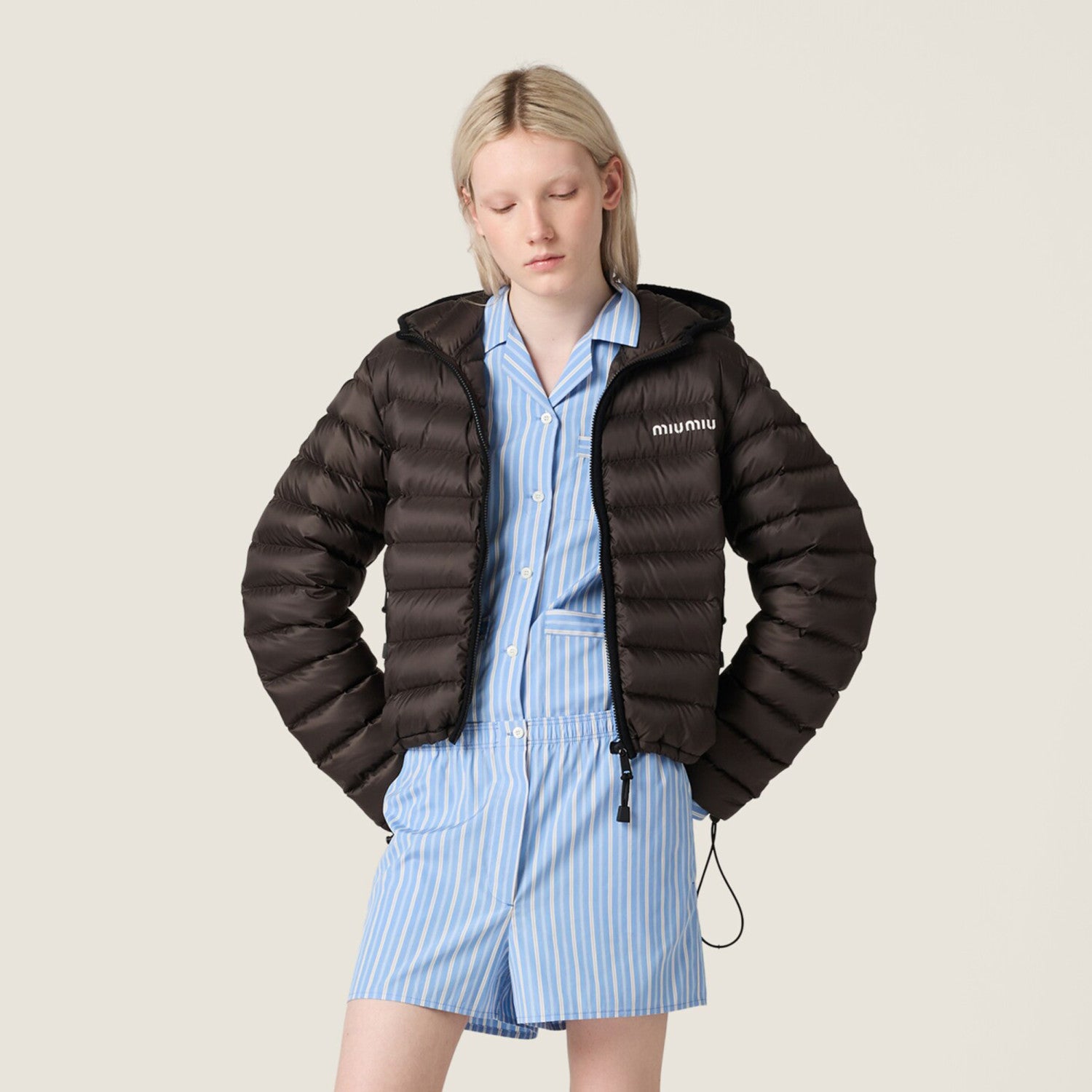 MiuMiu Women's Lightweight Pong¨¦ Down Hooded Jacket Solid Color Zipper Logo Embroidered Long Sleeve Outerwear #81545
